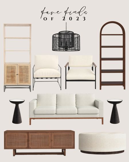 Modern sofa white. Tall shelves unit wooden. White accent chair modern. Round ottoman white. Black side table modern. Black chandelier modern 

#LTKsalealert #LTKhome
