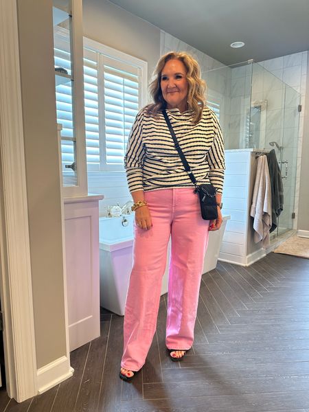 Pink jeans with black and white. My top is almost gold but I’ll link several great options! 

Jeans wearing a 12 reg. Get the petite if you want to wear flats and you’re under 5’4

Old navy spring outfits summer jeans 

#LTKover40 #LTKsalealert #LTKfindsunder100