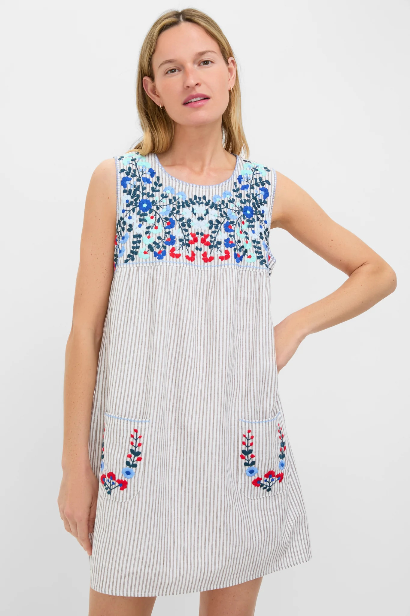 Tan Stripe Embroidered Linen Sunny Mini Dress | Tuckernuck (US)