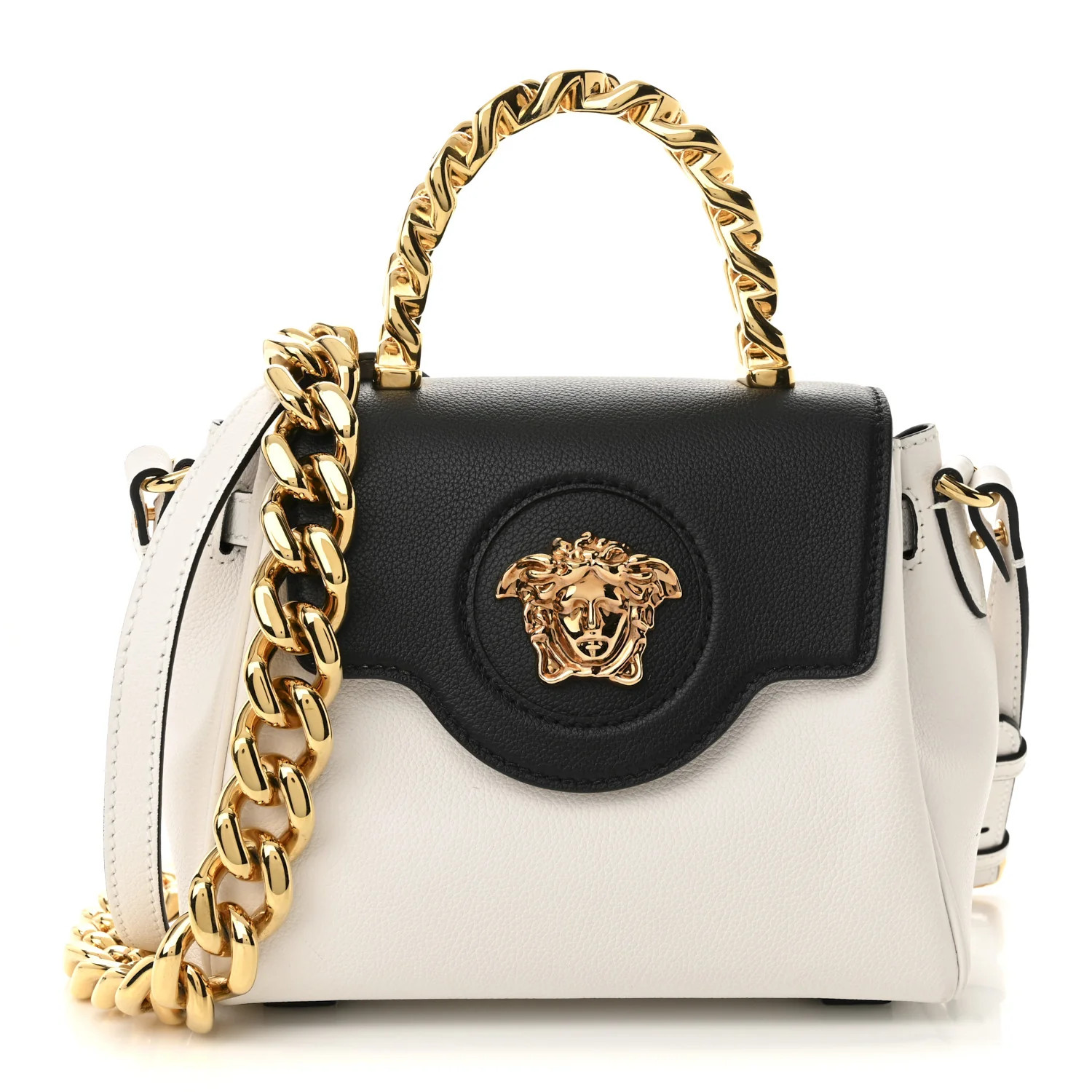 Grained Calfskin Small La Medusa Top Handle Bag Black White | FASHIONPHILE (US)