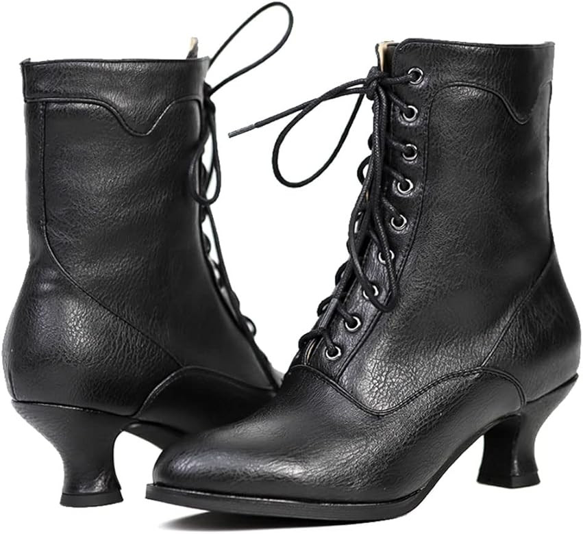 SaraIris Women's Ankle Boots Mid Calf Boots Gothic Chunky Heel Lace Up Mesh Vintage Round Toe Knight | Amazon (US)