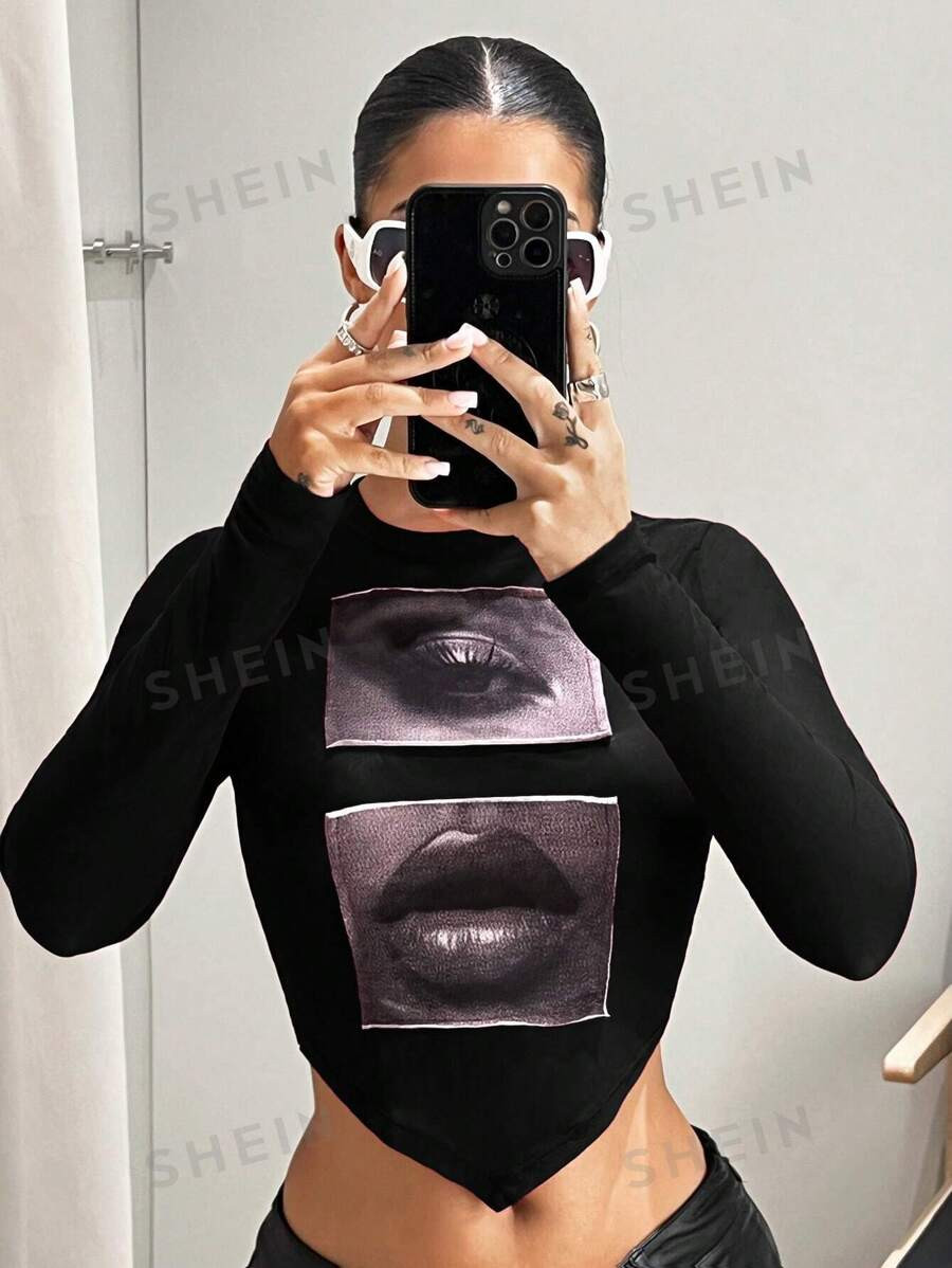 SHEIN ICON Women's Eyes And Lips Printed Cropped Black Top | SHEIN
