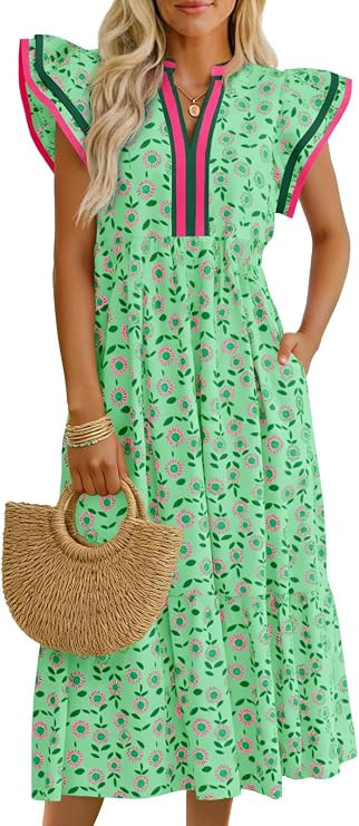 Wenrine Womens Summer Floral Midi Dresses Ruffle Cap Sleeve V Neck Striped Flowy Boho Casual Beac... | Amazon (US)