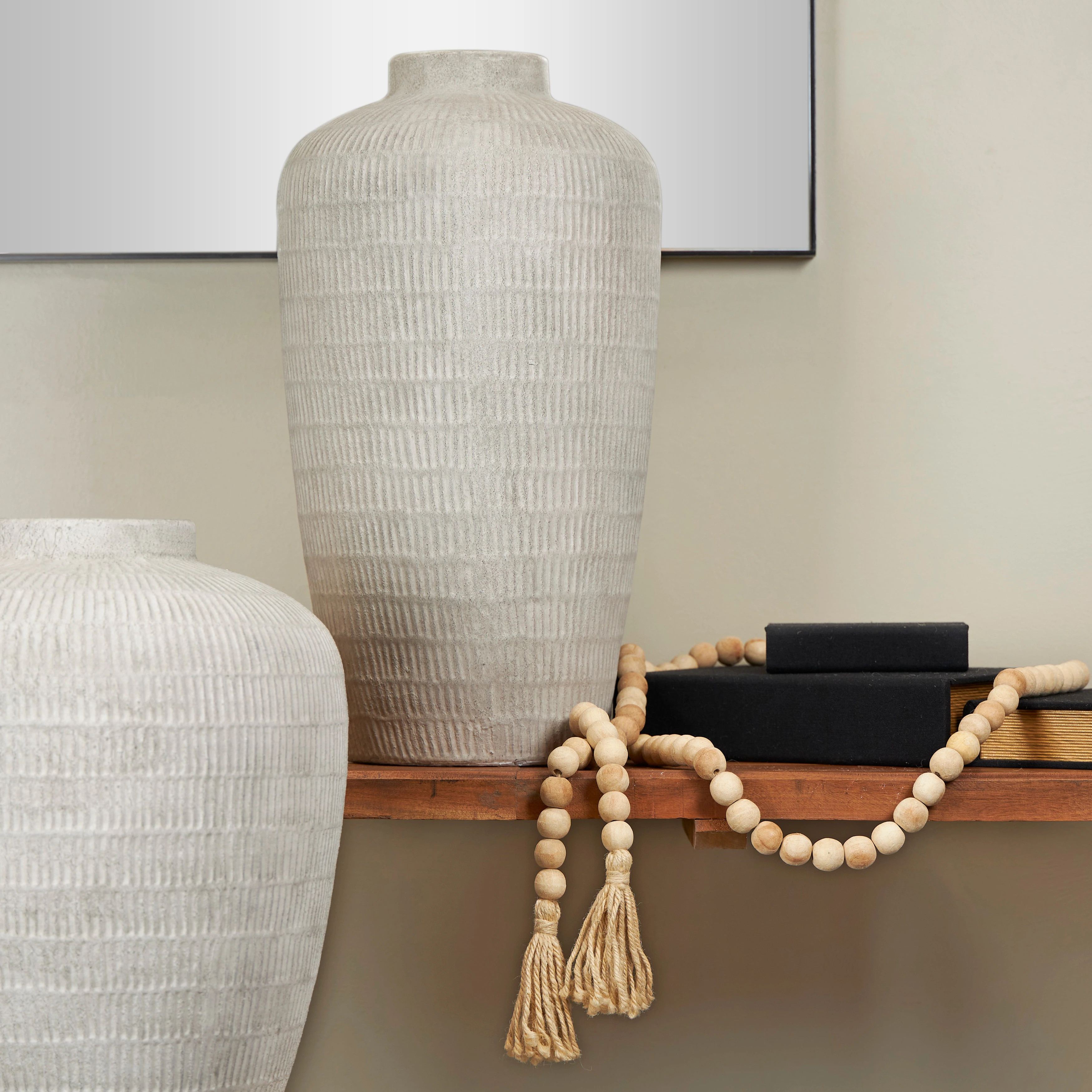 Cream Ceramic Textured Decorative Vase with Linear Pattern - 12"W, 23"H | Bed Bath & Beyond