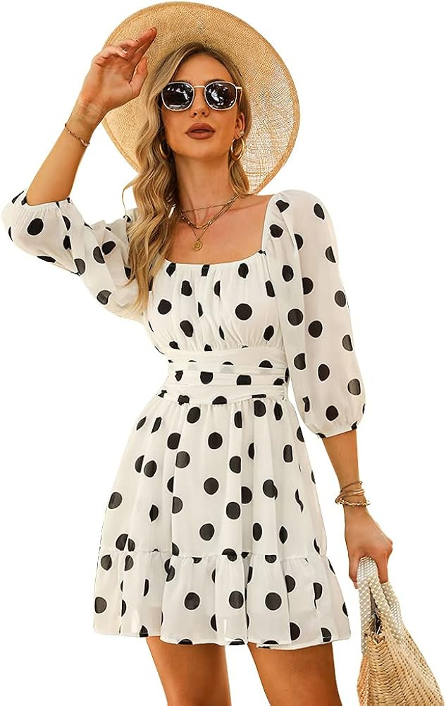 Amazon.com: Exlura Womens Lantern Sleeve Tie Back Dress Ruffled Off Shoulder A-Line Vintage Mini ... | Amazon (US)