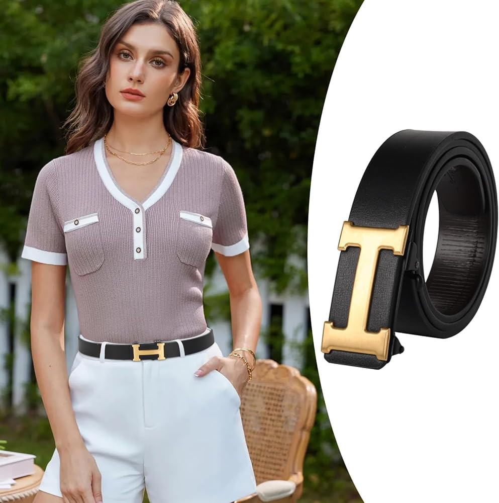 Men&Womens Leather Dress Belt Business Automatic Buckle Belt Color-Black Silver Gold | Amazon (US)