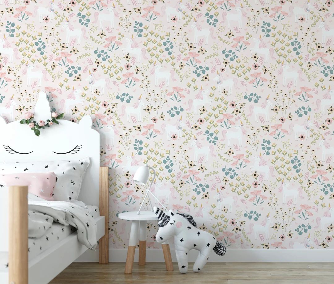 Pink Unicorn Floral Wallpaper/ Pastel Rainbow Wallpaper/ Boho Removable Wallpaper/ Peel and Stick... | Etsy (US)
