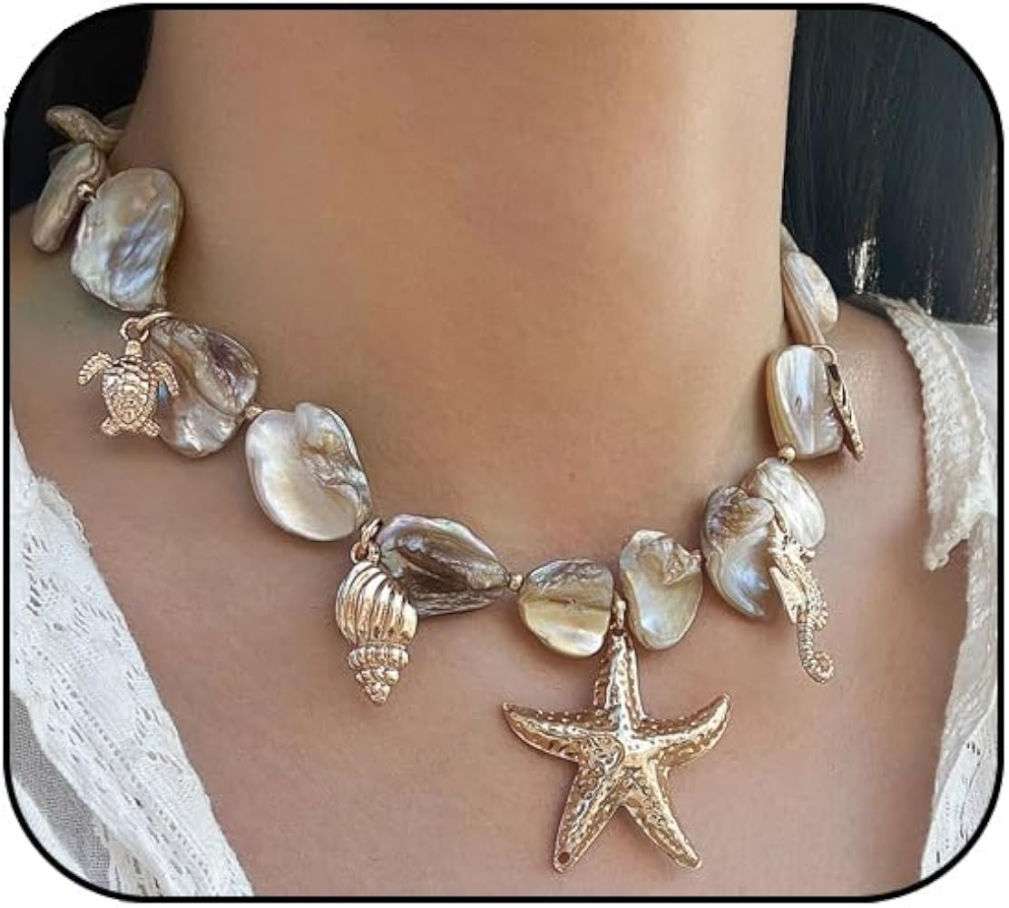 Sea shell Necklace for Women Boho Starfish Mermaid Beaded Necklace Summer Beach Charm Seashell Ne... | Amazon (US)