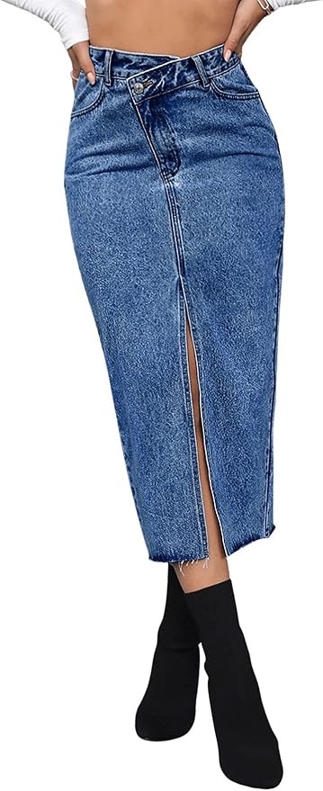 SweatyRocks Women's Casual High Waist Denim Skirt Split Hem Raw Trim Midi Jean Skirts | Amazon (US)
