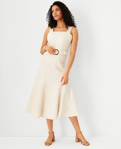 Striped Linen Blend Belted Midi Dress | Ann Taylor (US)