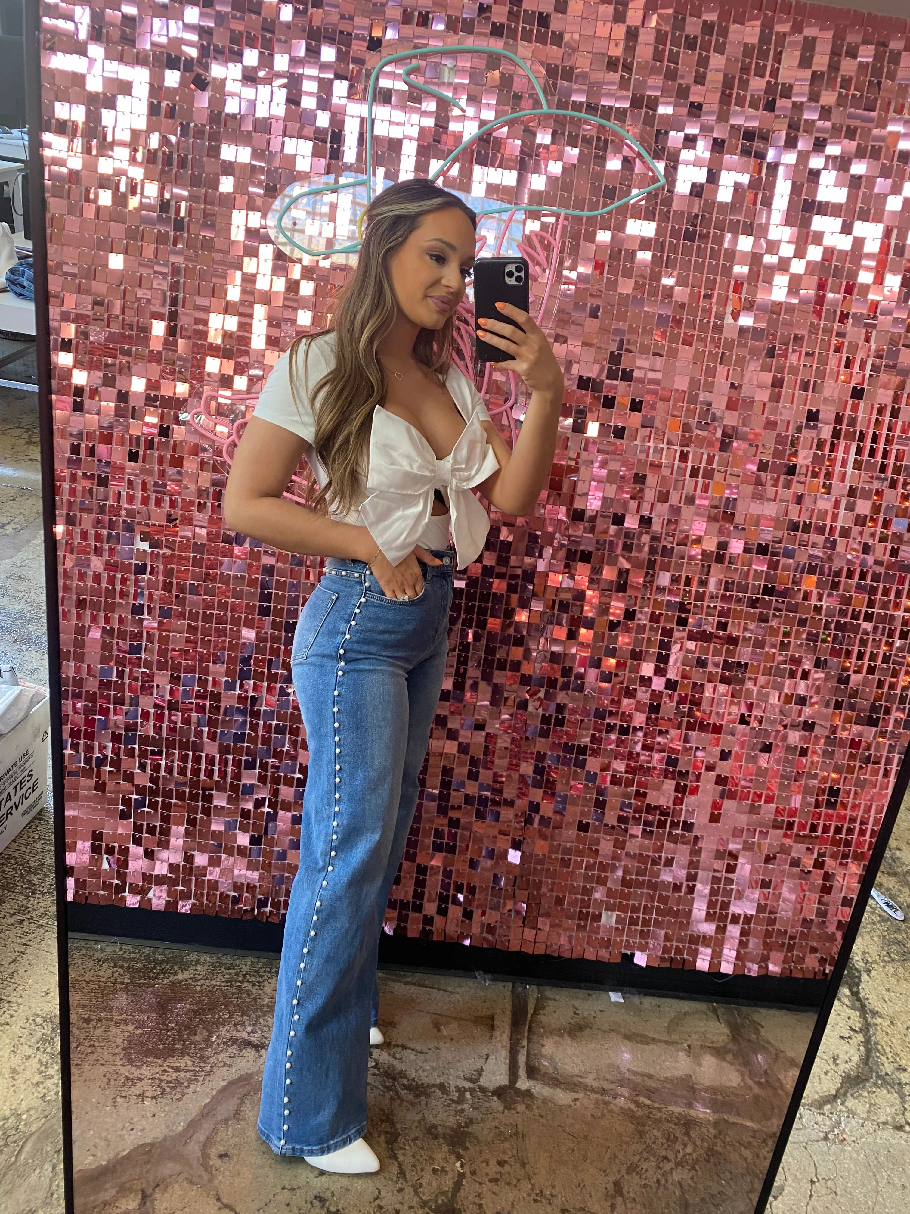 Covered in Pearls Wide Leg Jeans | Willow Boutique