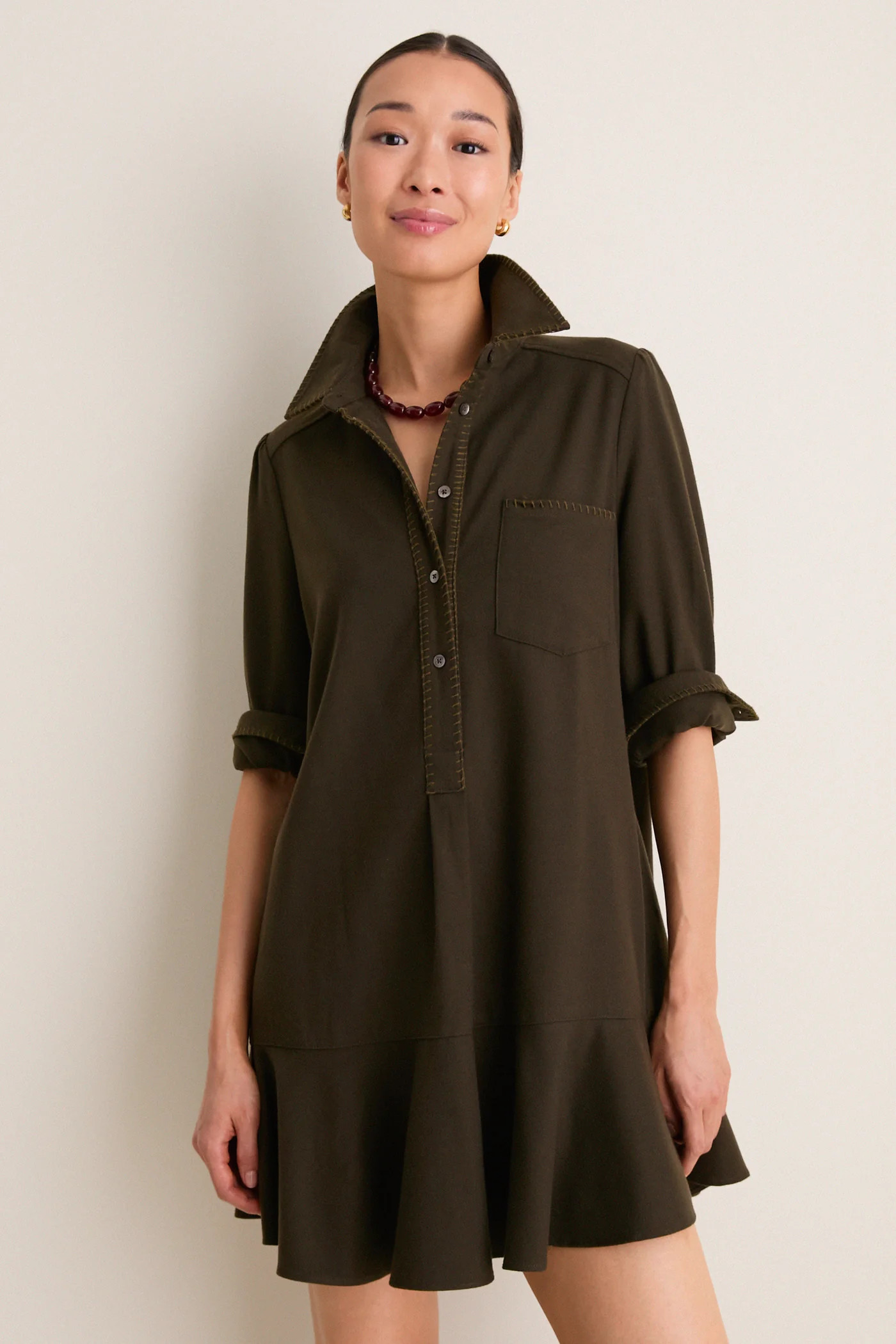 Dark Olive Whipstitch Brushed Wool Callahan Shirt Dress | Tuckernuck (US)