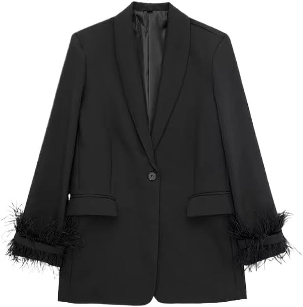 Women's Vintage Satin Black Feather Trim Blazer Jacket Notched Collar Single Button Long Sleeve O... | Amazon (US)