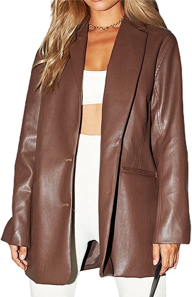 Women Faux Leather Blazer Jackets Button Down Oversized Vintage PU Leather Lapel Jacket Streetwea... | Amazon (US)
