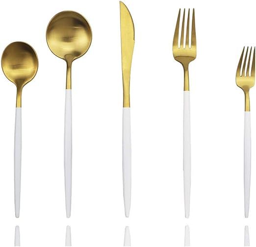 JASHII Flatware White and Matte Gold Silverware Set 18/10 Stainless Steel Cutlery Set Luxury 20 P... | Amazon (US)
