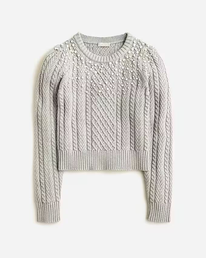 Pearl embellished cotton cable-knit sweater | J.Crew US