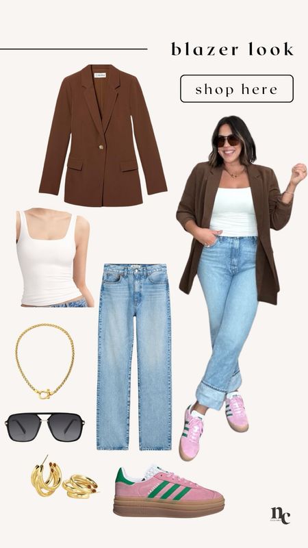 Madewell jeans size 30 (size up they are rigid and have no stretch, but very flattering) 
Top size L (double lined and so stretchy) 
Blazer XL 
Bra is skims true to size 
Undies size up 

Mom look, denim, spring outfit , mom style , blazer look, jeans outfit , gazelles , platform shoe, midsize, apple shape 

#LTKMidsize #LTKStyleTip #LTKWorkwear