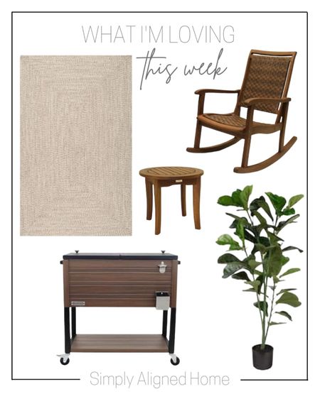 -casual braided tan 8ft. X 10ft. Indoor/outdoor area rug -80 Qt. Portable rolling patio brown cooler -natural decor artificial 47in. Fiddle leaf indoor/outdoor plant-outdoor brown wicker and eucalyptus rocking chair-outdoor interiors wood side table

#LTKstyletip #LTKhome #LTKfamily