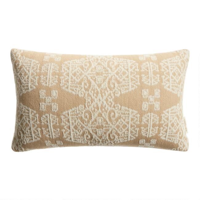 Sand and Ivory Ikat Jacquard Indoor Outdoor Lumbar Pillow | World Market