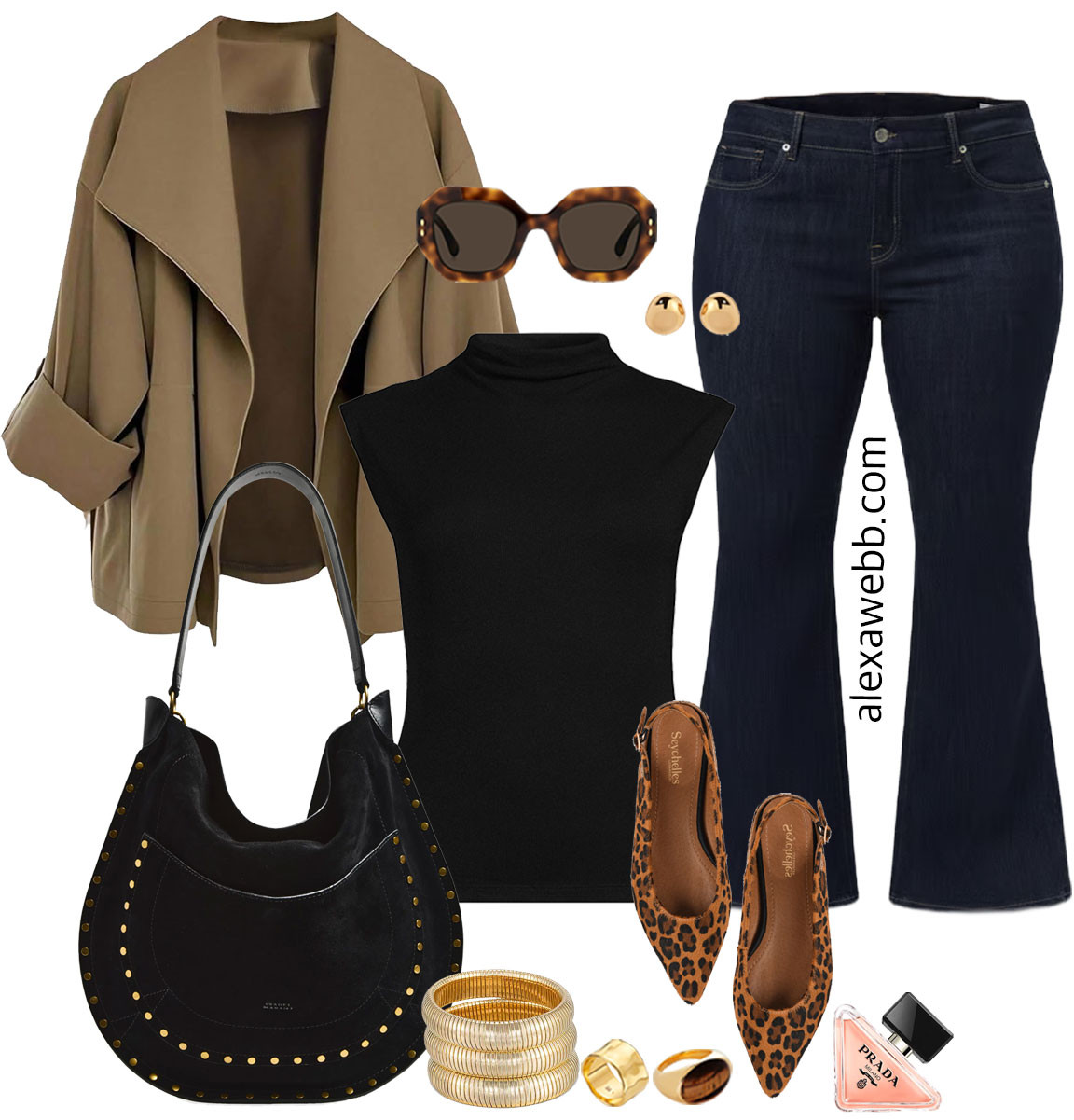 Plus size casual outfits for fall with a lightweight unstructured cropped khaki trench and flared jeans. This look includes leopard print slingback flats and a studded suede hobo bag.
I love this combination!  Alexa Webb #plussize 

 #LTKOver40 #LTKMidsize #LTKPlusSize