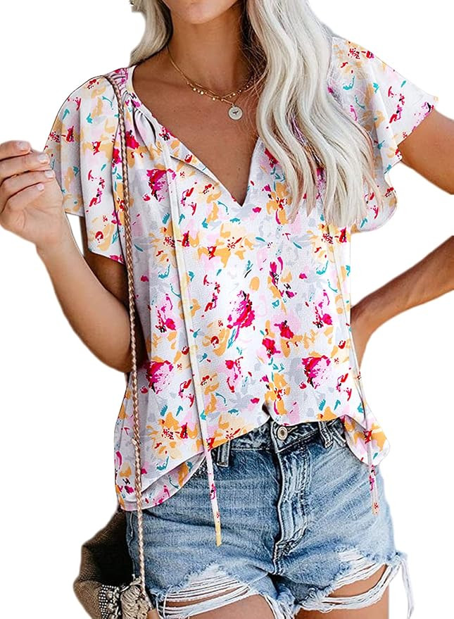SimpleFun Women's Boho Tops Floral V Neck Short Sleeve Summer Blouse Shirts | Amazon (US)