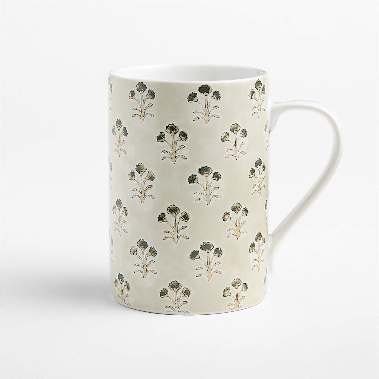 Amara 12.75-oz. Natural Floral Block Print Mug | Crate & Barrel | Crate & Barrel