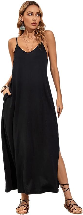 Verdusa Women's Casual V Neck Sleeveless Loose Maxi Cami Long Dress Summer Beach Dress with Pocke... | Amazon (US)