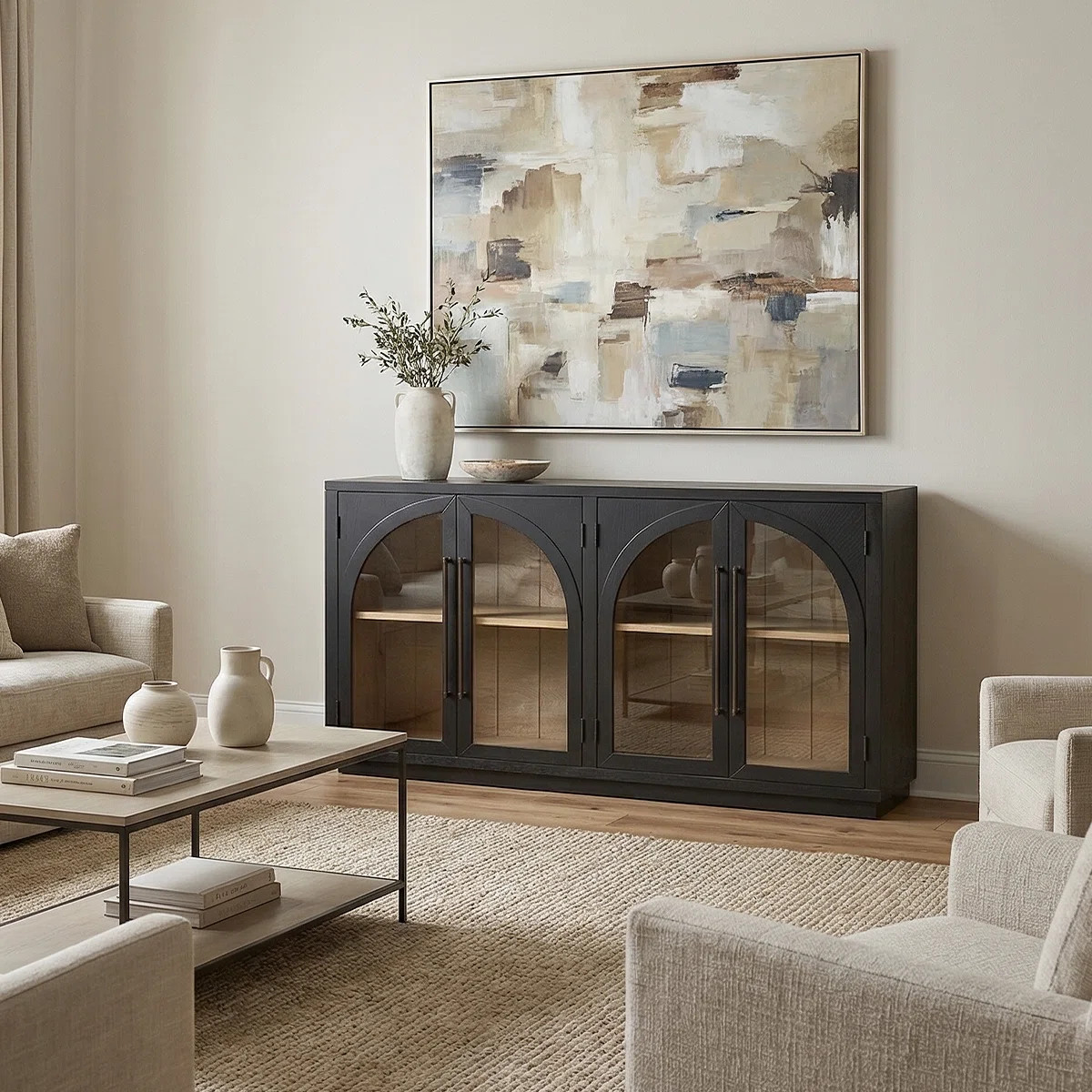 Large Storage Sideboard With Glass Doors And Unique Arched Design For Dining Room | Wayfair North America