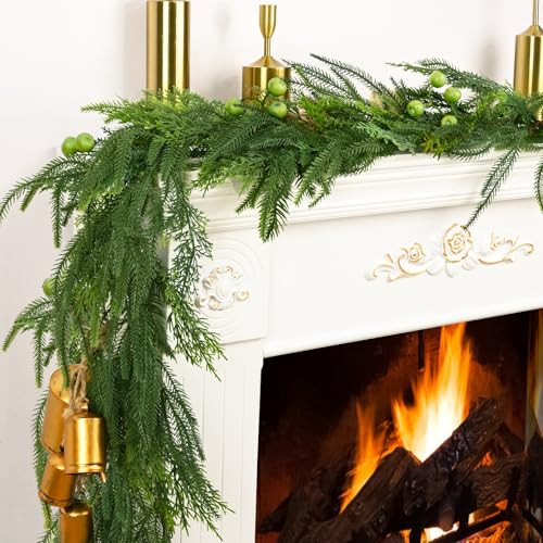 Christmas Garland Decorations, 5.9 FT Norfolk Pine Garland Cedar Garland with Berries, Real Touch Garland Christmas Decorations Pine Garland for Mantle Indoor Outdoor Table Door Christmas Decor | Amazon (US)