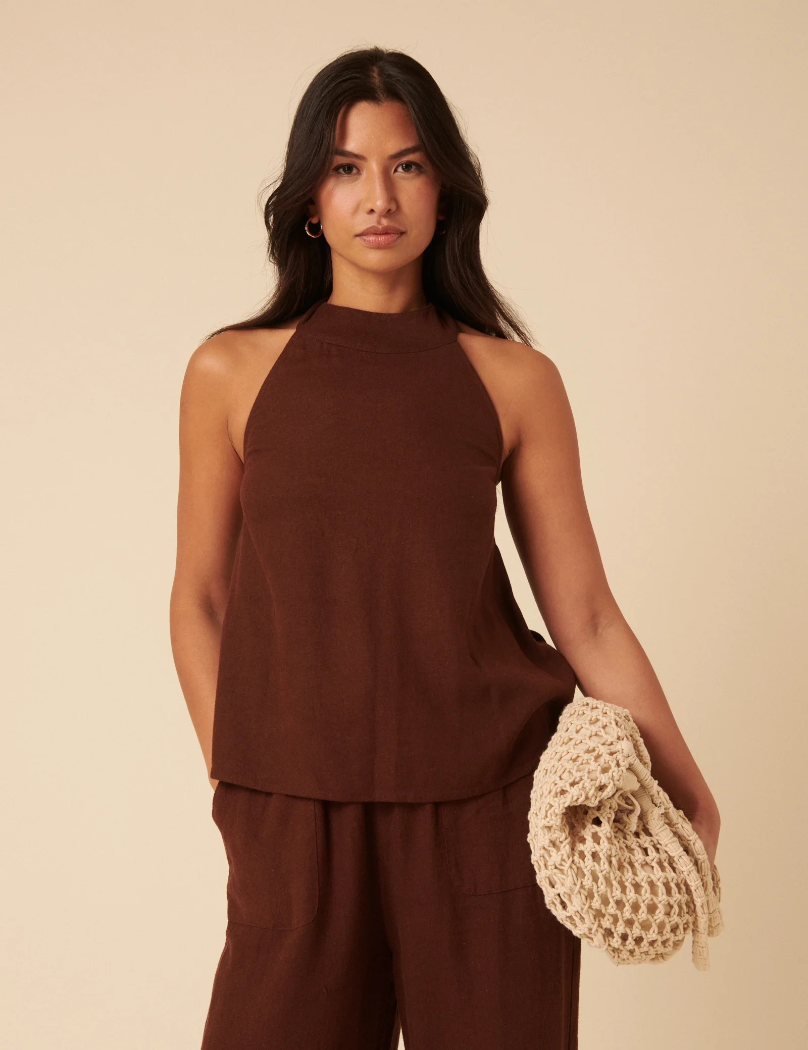 Brown Linen-blend Halter Neck Top | Nobody's Child