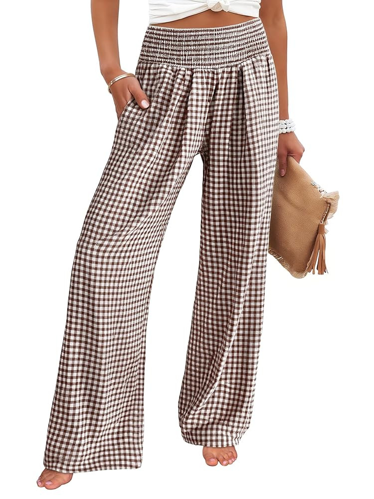 ANRABESS Womens Striped Gingham Palazzo Pants Wide Leg High Waisted Lounge Pajama Pants Cute Casu... | Amazon (US)