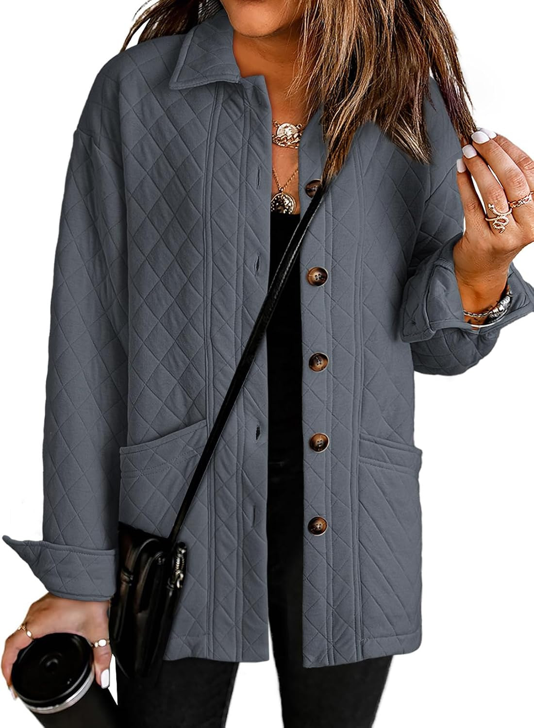 Dokotoo Quilted Jackets for Women Casual Lightweight Button Down Collared Long Sleeve Coats with Pockets | Amazon (US)