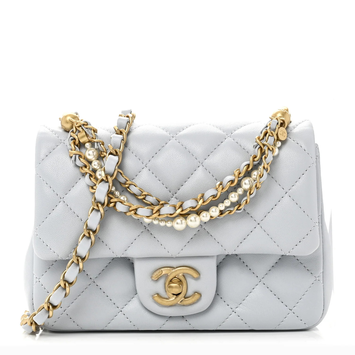 Chanel Shiny Lambskin Quilted Pearl Twist Mini Square Flap Light Blue 1845093 | FASHIONPHILE (US)