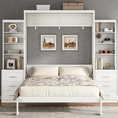 Queen Size Murphy Bed with Storage Shelves and Drawers, Space-Saving and Stylish White Design for Modern Bedrooms(Mattress Not Included) | Wayfair North America