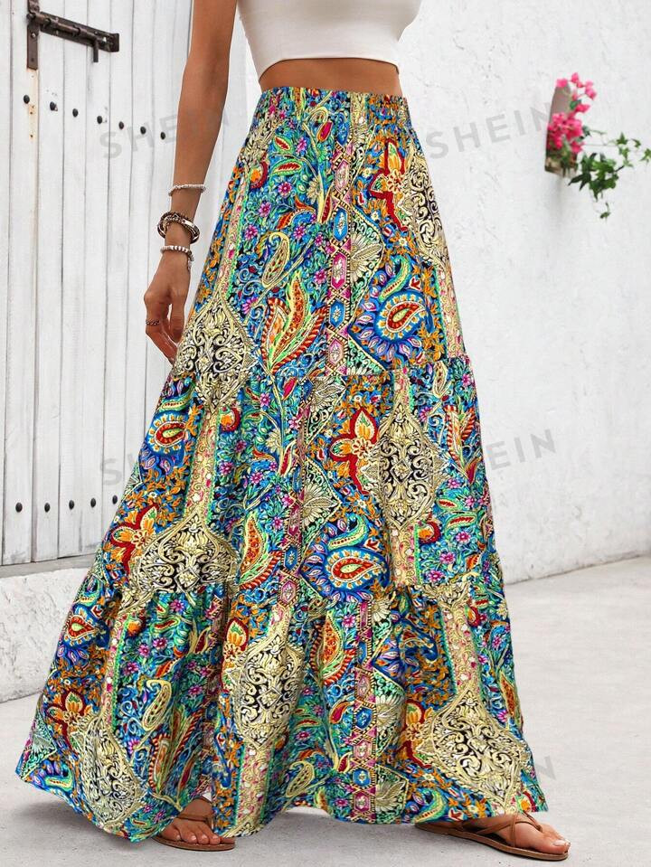 SHEIN LUNE Women's Hawaiian Paisley Print A-Line Skirt With Side Zipper | SHEIN