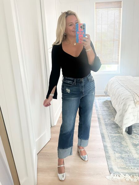 The perfect black bodysuit from Walmart. Wearing a small. Jeans are a size 6. Shoes are the perfect pop of fancy. 

#LTKover40 #LTKFind #LTKstyletip