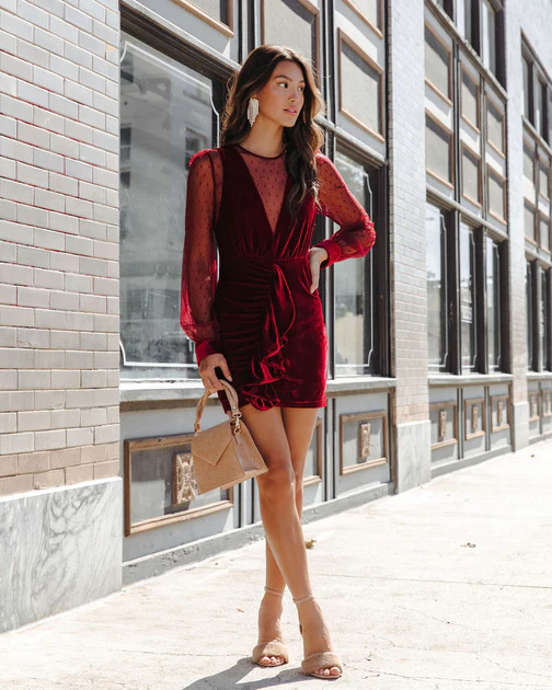 Saint Clara Sheer Velvet Ruffle Mini Dress - Burgundy | VICI