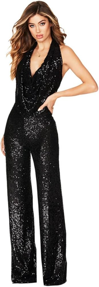 Aelidiya Sequin Jumpsuits Halter Cowl Neck Backless Romper Shiny Overalls Pants | Amazon (US)