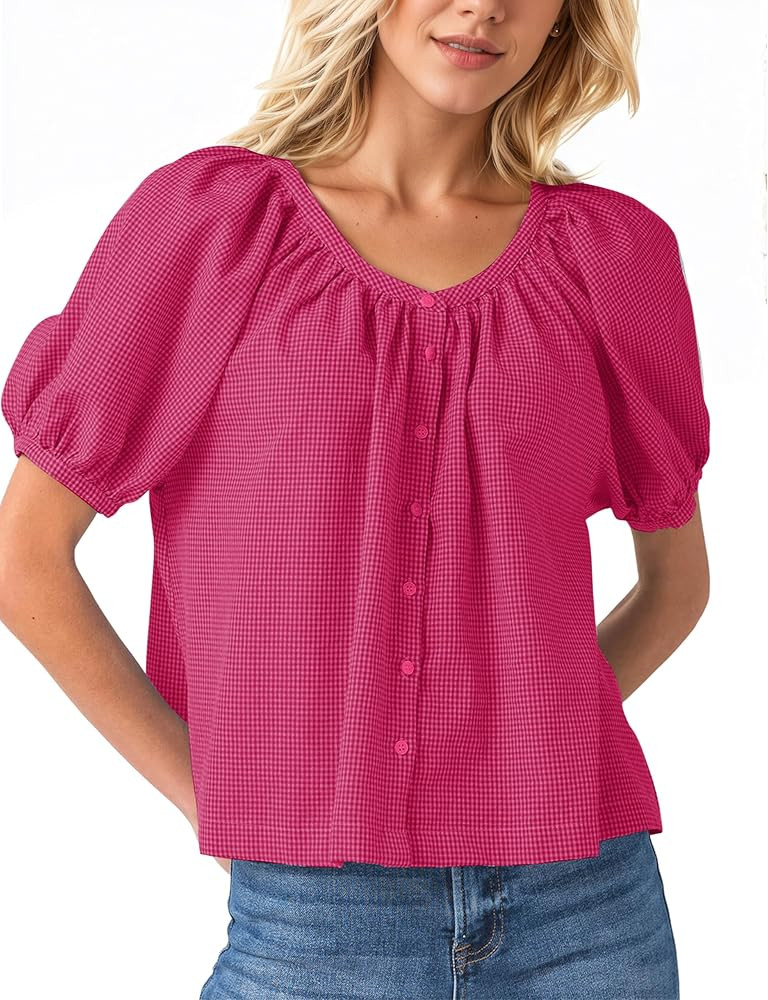MISSACTIVER Plaid Puff Short Sleeve Shirts Women Button Down Crew Neck Babydoll Tops Summer Flowy... | Amazon (US)