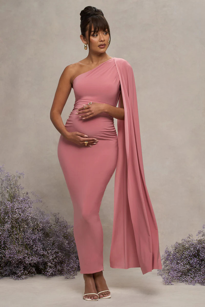 Amaryllis | Blush Pink Maternity One Shoulder Maxi Dress with Cape Sleeve | Club L London