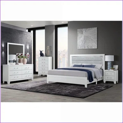 Bedroom Set, 5-Piece Queen Modern Snow White with LED Lights & Upholstered Headboard | White | Standard Beds | Wayfair North America