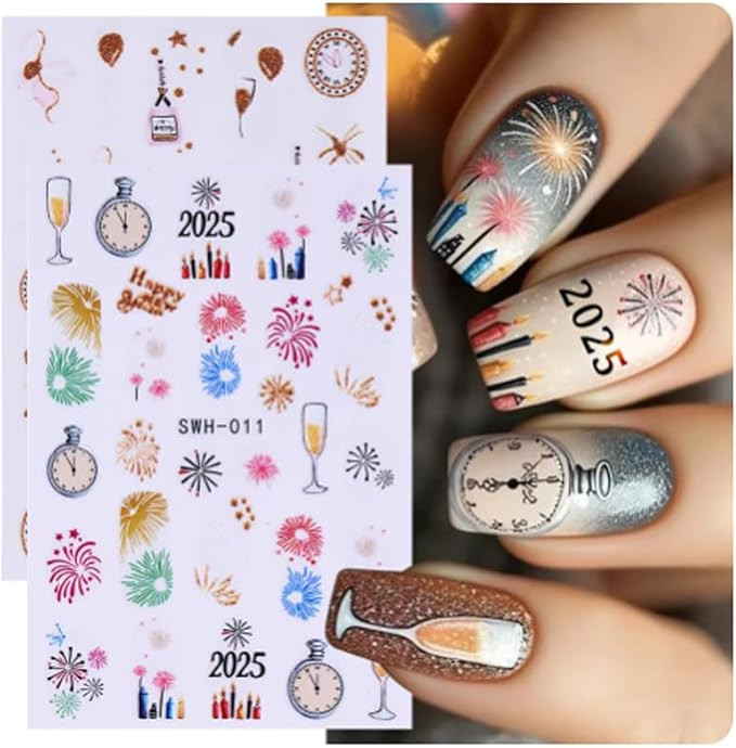 8 Sheets Christmas Nail Art Stickers,3D Clock Glitter Firework Balloon Nail Design - Candy Cane C... | Amazon (US)