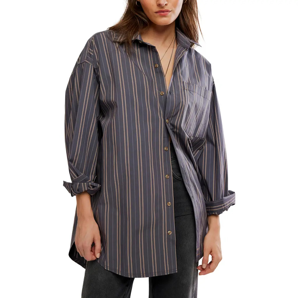 Free People We The Free Freddie Striped Cotton Shirt in Grey Combo at Nordstrom, Size Large | Nordstrom