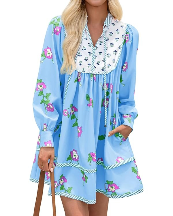Wenrine Womens Casual Floral Mini Dress 2025 Fall Long Sleeve V Neck Patchwork Loose Boho Shirt D... | Amazon (US)