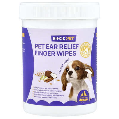 HICC Pet, Pet Ear Relief Finger Wipes, For Dogs & Cats, Coconut, 50 Pieces | iHerb