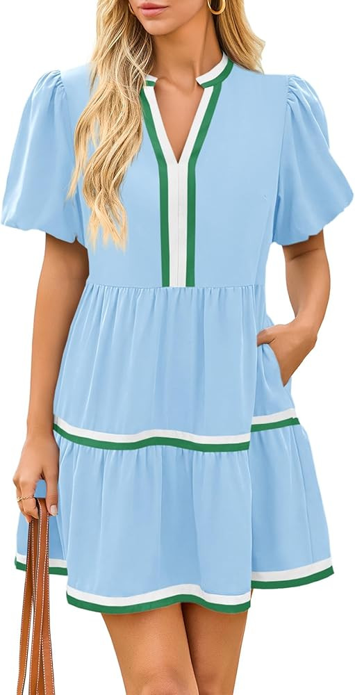 Cicy Bell Womens V Neck Floral Mini Dress Short Puff Sleeve Patchwork Summer Casual Boho Dresses | Amazon (US)