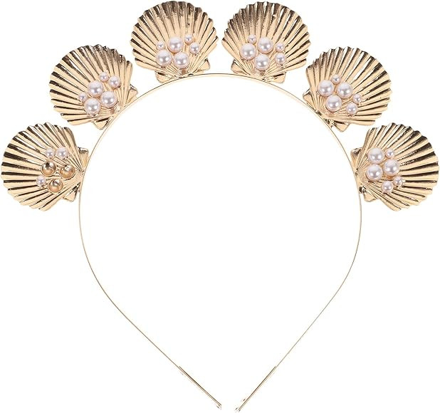 Shell Headband Gold Seashell Crown Goddess Pearl Decor Tiara Headband for Wedding Party Photo | Amazon (US)