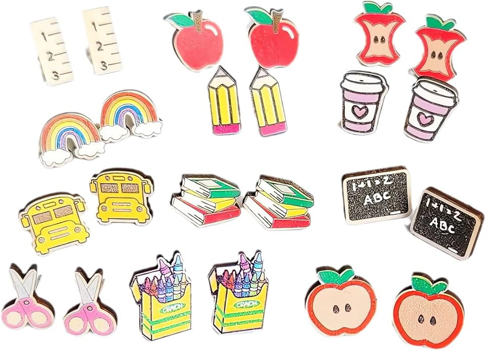 Teacher Stud Earrings Set Colorful Crayon Pencil Ruler Book Teacher's Gift Wooden Jewelry for Wom... | Amazon (US)