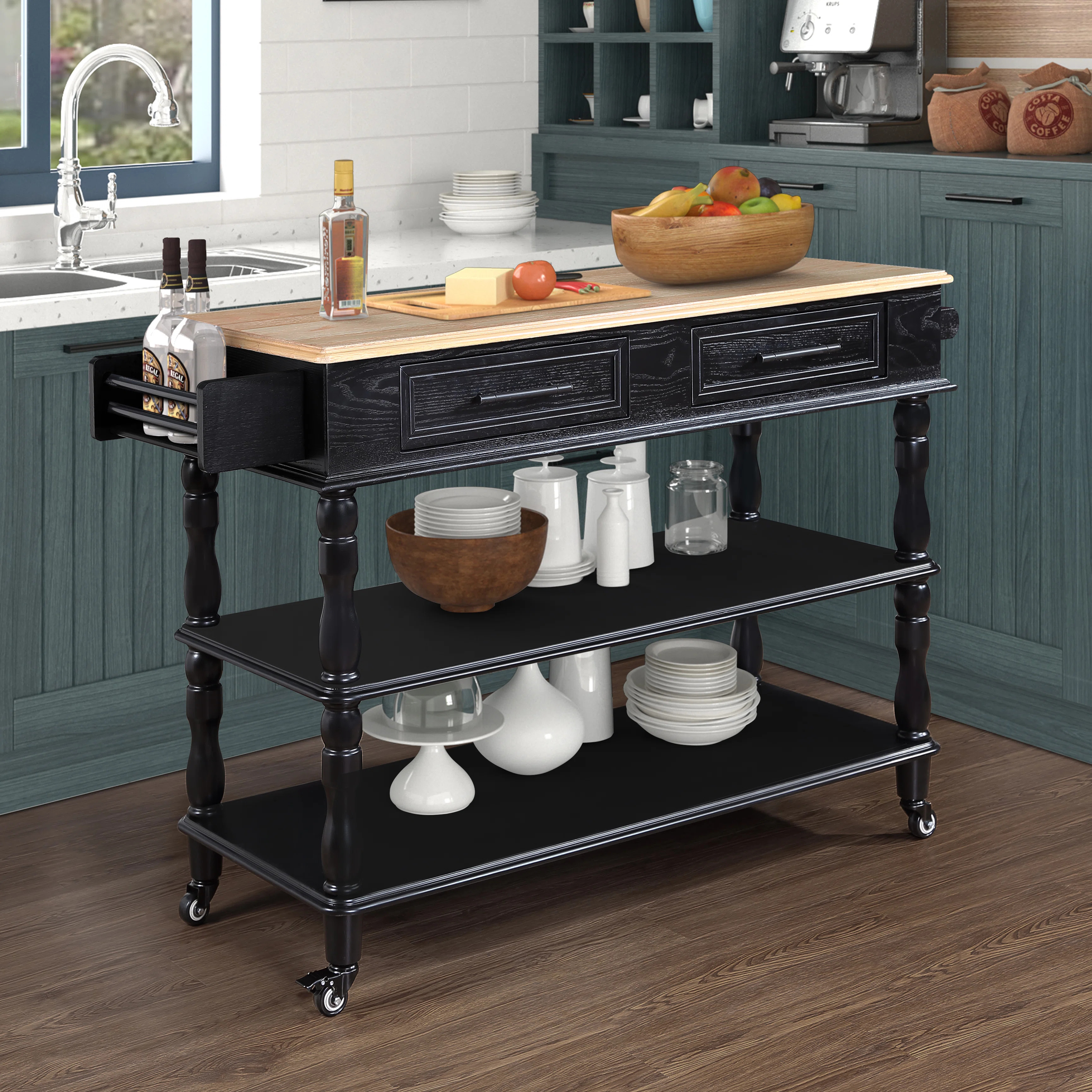 Rolling Kitchen Island with Storage Two-Sided Design, Wine and Spice Rack, 2 Drawers on Wheels | Wayfair North America