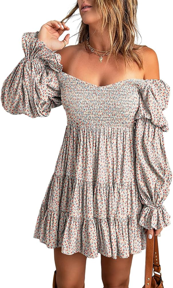 Dokotoo Womens 2024 Fall Dress Elegant Off The Shoulder V Neck Long Sleeve Ruffle Flowy Mini Shor... | Amazon (US)